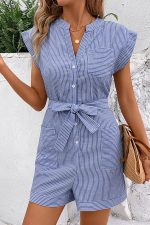 Fashion Stripe Print V Neck Tie Waist Rompers - Image 4