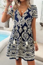 Fashion Printed V Neck Ruffle Hem Dress - Image 4