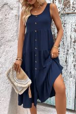 Solid Color Round Neck Button Up Casual Dress - Image 4