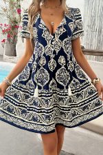 Fashion Printed V Neck Ruffle Hem Dress - Image 5