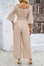 Solid Color Square Neck Smocked Casual Jumpsuit - Image 6