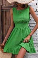 Solid Color Smocked Waist Ruffle Hem Casual Dress