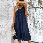 Solid Color Round Neck Button Up Casual Dress - Image 7