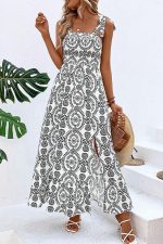 Fashion Printed Tie Shoulder Smocked Maxi Dress