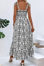 Fashion Printed Tie Shoulder Smocked Maxi Dress - Image 4