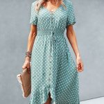 Dots Print High Waist V Neck Casual Dress