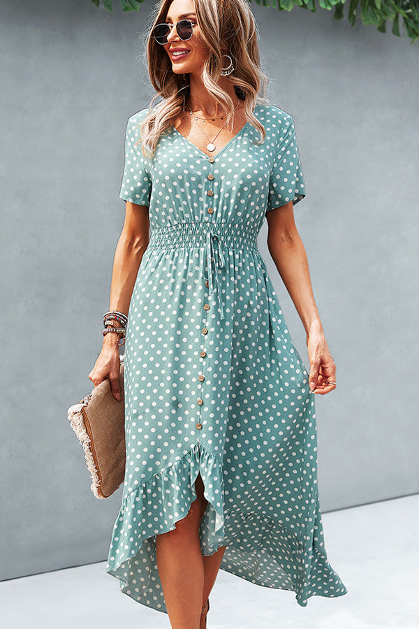 p_-1.jpg Dots Print High Waist V Neck Casual Dress - Image 1
