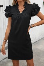 Solid Color Ruffle Sleeve V Neck Casual Dress