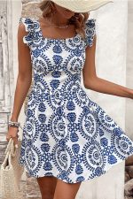 Fashion Printed Ruffle Sleeve Knot Back Mini Dress - Image 2