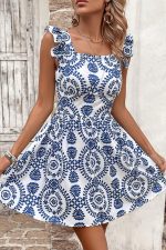 Fashion Printed Ruffle Sleeve Knot Back Mini Dress - Image 5