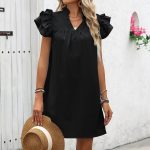 Solid Color Ruffle Sleeve V Neck Casual Dress - Image 5