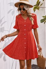 Fashion V Neck Floral Print Button Casual Dress - Image 3