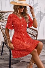 Fashion V Neck Floral Print Button Casual Dress - Image 4