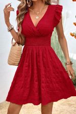 Solid Color V Neck Ruffle Sleeve Mini Dress