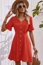 Fashion V Neck Floral Print Button Casual Dress - Image 2