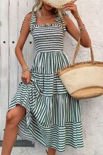 Stripe Print Smocked Chest Tie Shoulder Casual Dress
