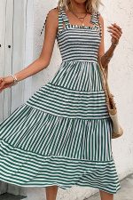Stripe Print Smocked Chest Tie Shoulder Casual Dress - Image 2
