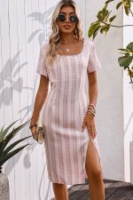 Stripe Printed Square Neck Split Side Casual Dress - Image 2