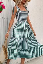 Stripe Print Smocked Chest Tie Shoulder Casual Dress - Image 4