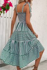 Stripe Print Smocked Chest Tie Shoulder Casual Dress - Image 6